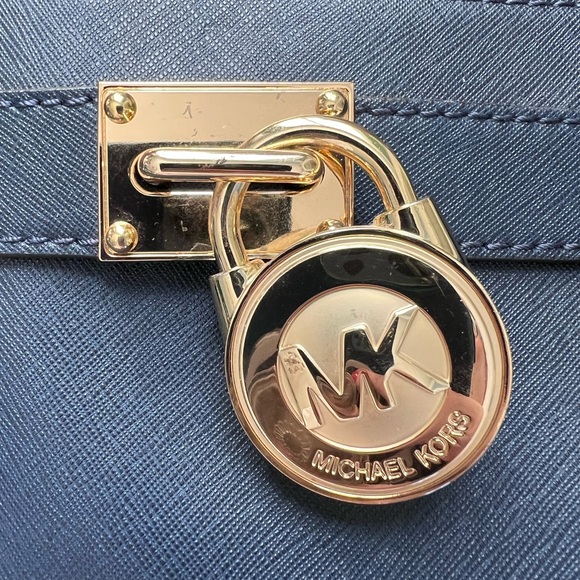 MICHAEL KORS HAMILTON NAVY BLUE GOLD SAFFIANO LEATHER SATCHEL BAG - Picture 12 of 13